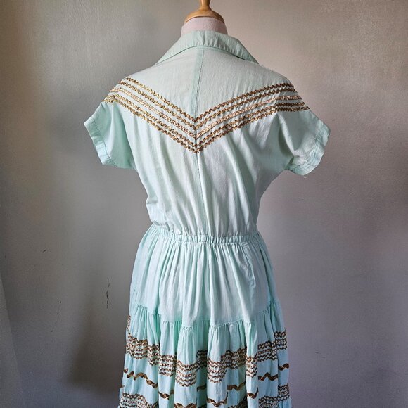 Vintage 50s 60s Blue Gold Patio Siesta Fiesta Squaw Southwestern Dress Medium - Picture 8 of 10